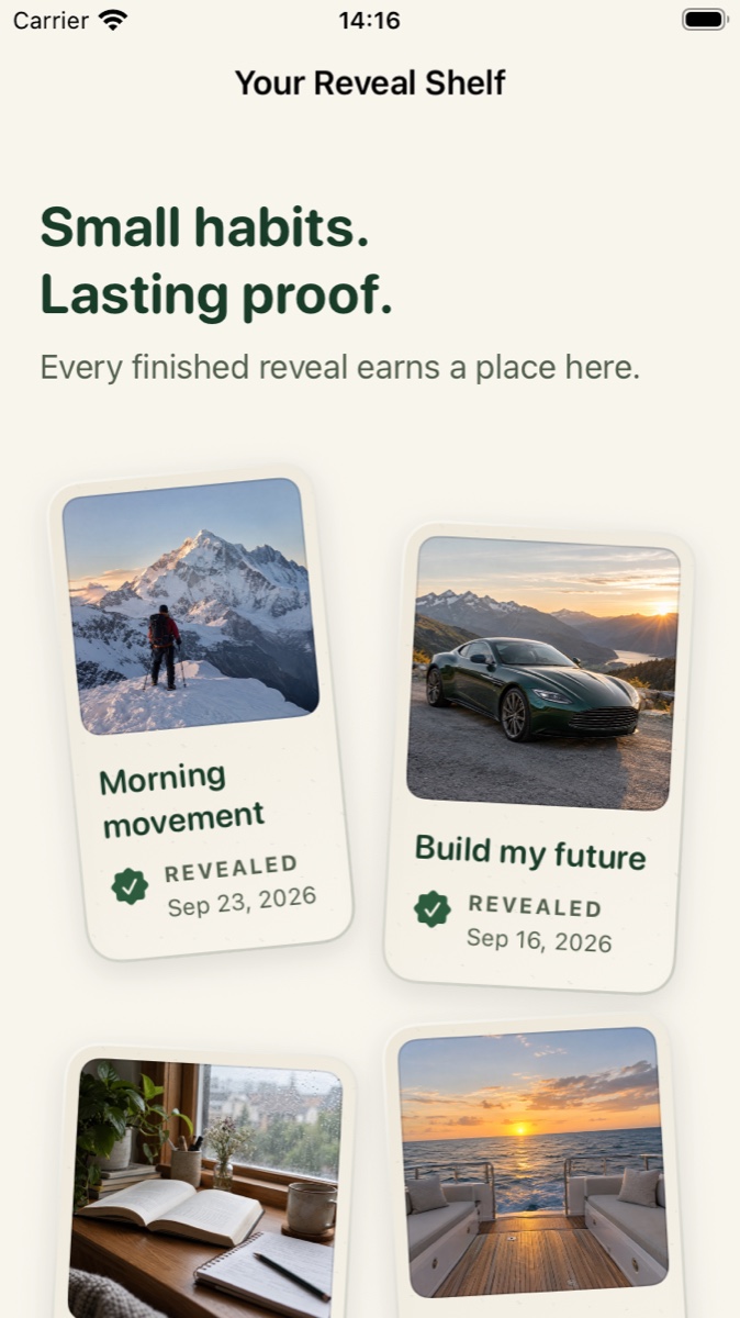 Revebit reveal shelf with completed habit rewards