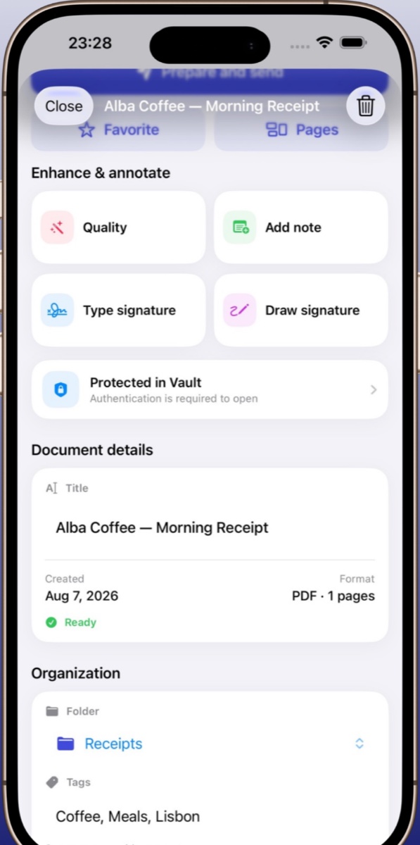 Scan Fast document tools and organization screen