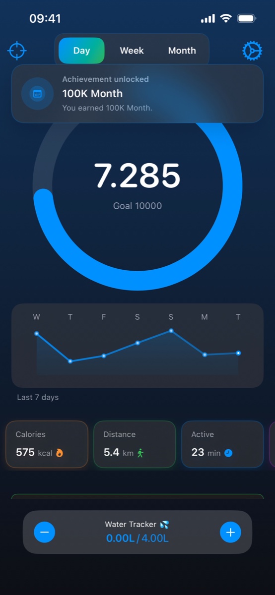 Steps app showing daily progress, a weekly activity chart, and water tracking